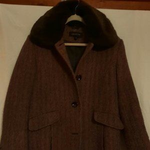 Jones New York Brown Heavy Long Coat with Faux Fur Collar Lining